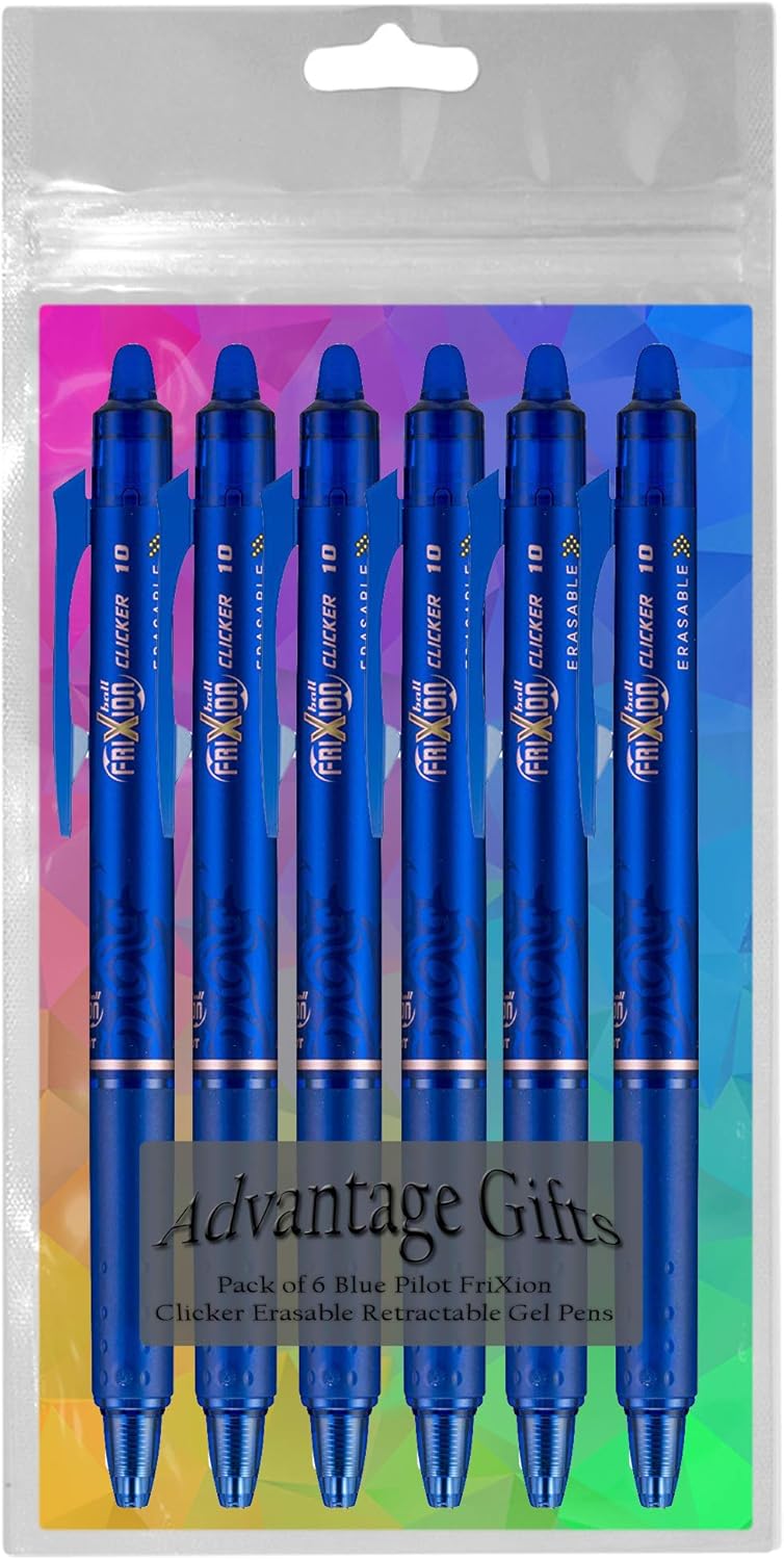 FriXion Clicker Retractable Erasable Gel Pen, Blue, Bold Point, 6-pk; Bundle with Plastic Reusable Pouch