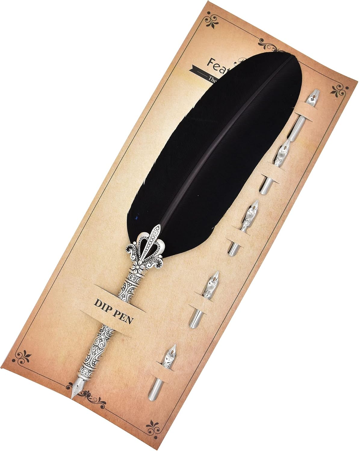 Gullor Calligraphy Feather Quill Pen and 5 Calligraphy Nibs for Beginners Kids Calligraphy Writing Quill Dip Pen Set, Black