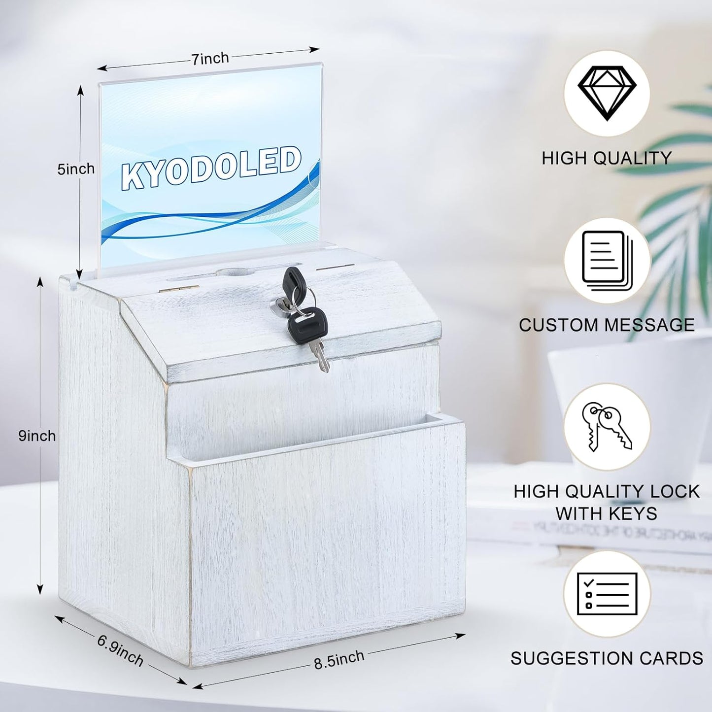 KYODOLED Wood Suggestion Box with Lock, Rustic White Ballot Box Donation and Key Drop Box with Acrylic Sign Holder and 30 Free Suggestion Cards, Wall Mounted or Freestanding, 9H x 6.9W x 8.5L Inch