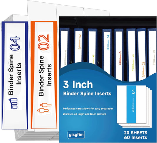 gisgfim 20 Sheets Binder Spine Inserts 3 Inch Spine Width White Binder Labels 92LB Printable Side Identifiers for Inkjet Laser Printers Cardstock View Binders Labels 3 Inserts/Sheet