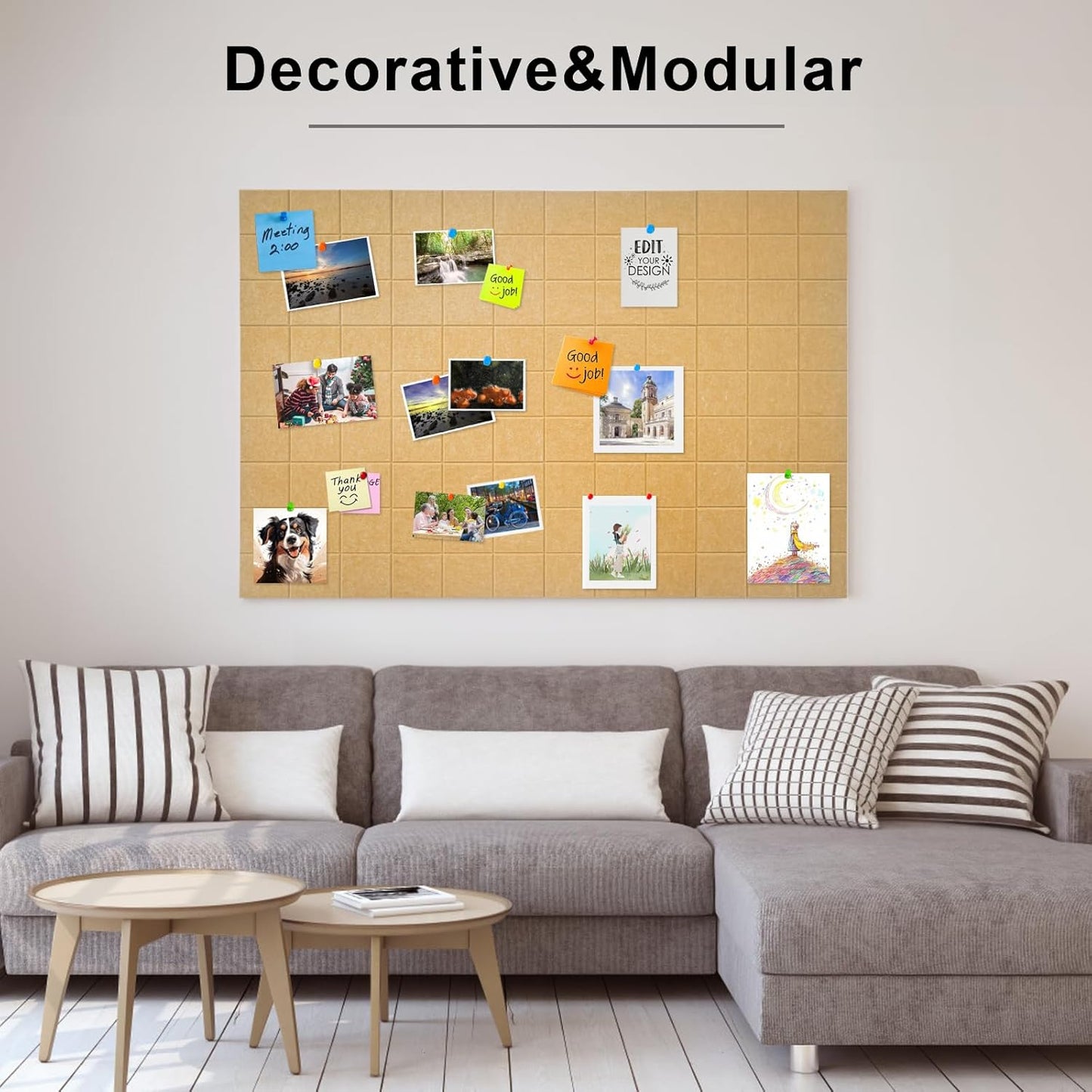 12 Pack Large Cork Board for Walls, 48" X 36" Felt Bulletin Board Tiles with 48 Safe Removable Adhesive Tabs & 60 Push Pin Board Decorative Cork Board Tack Board Wall Organizer for Office - Gold