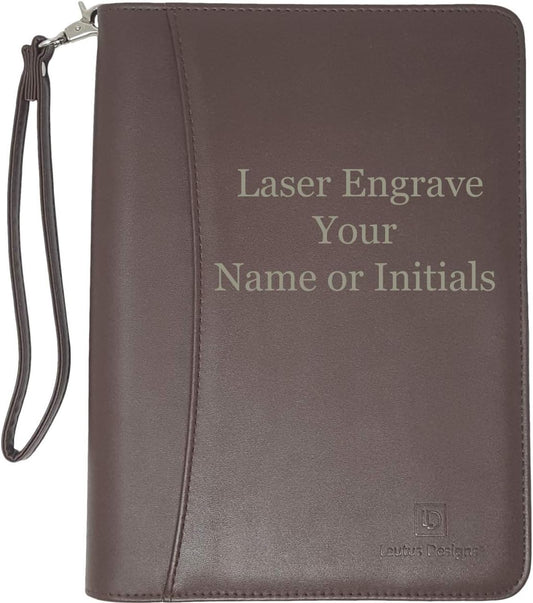 Customized Dark Brown Zippered Portfolio Binder with Junior Legal 5x8 Notepad - Engraved PU Leather Business Padfolio Organizer Folder with 8" Tablet Sleeve & Gift Box by Lautus Designs