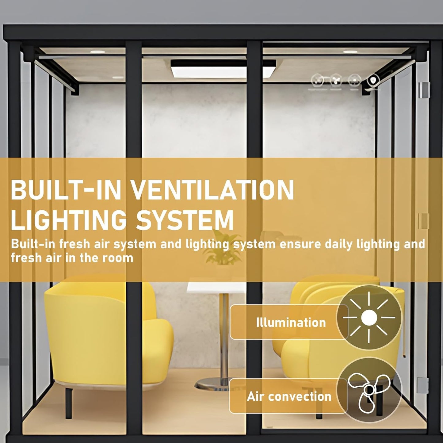 Office Sound Booth with Audio Privacy - Modern Soundproof Booth Includes Black Transparent Glass Design,Freestanding Office Room with Light, Fans,Casters for Negotiation,Meeting(86.61IN)