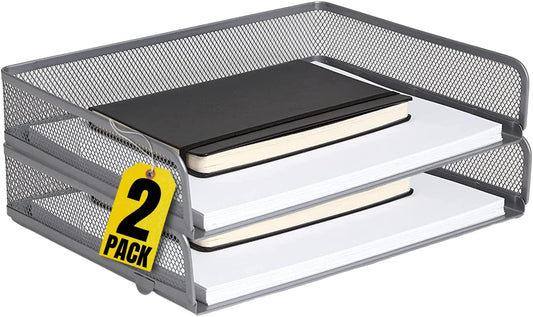 Stackable Side Load Letter Tray, Silver Wire Metal Mesh Paper Tray Organizer, "2 Trays"