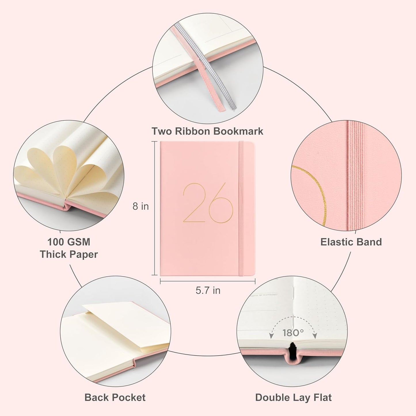 And Per Se 2026 Planner-Daily, Weekly & 15-Monthly Leather Hardcover Planner, 5.7" x 8", Daily Schedule, Monthly Tabs, 100 GSM Thick Paper, Back Pocket(Pink)