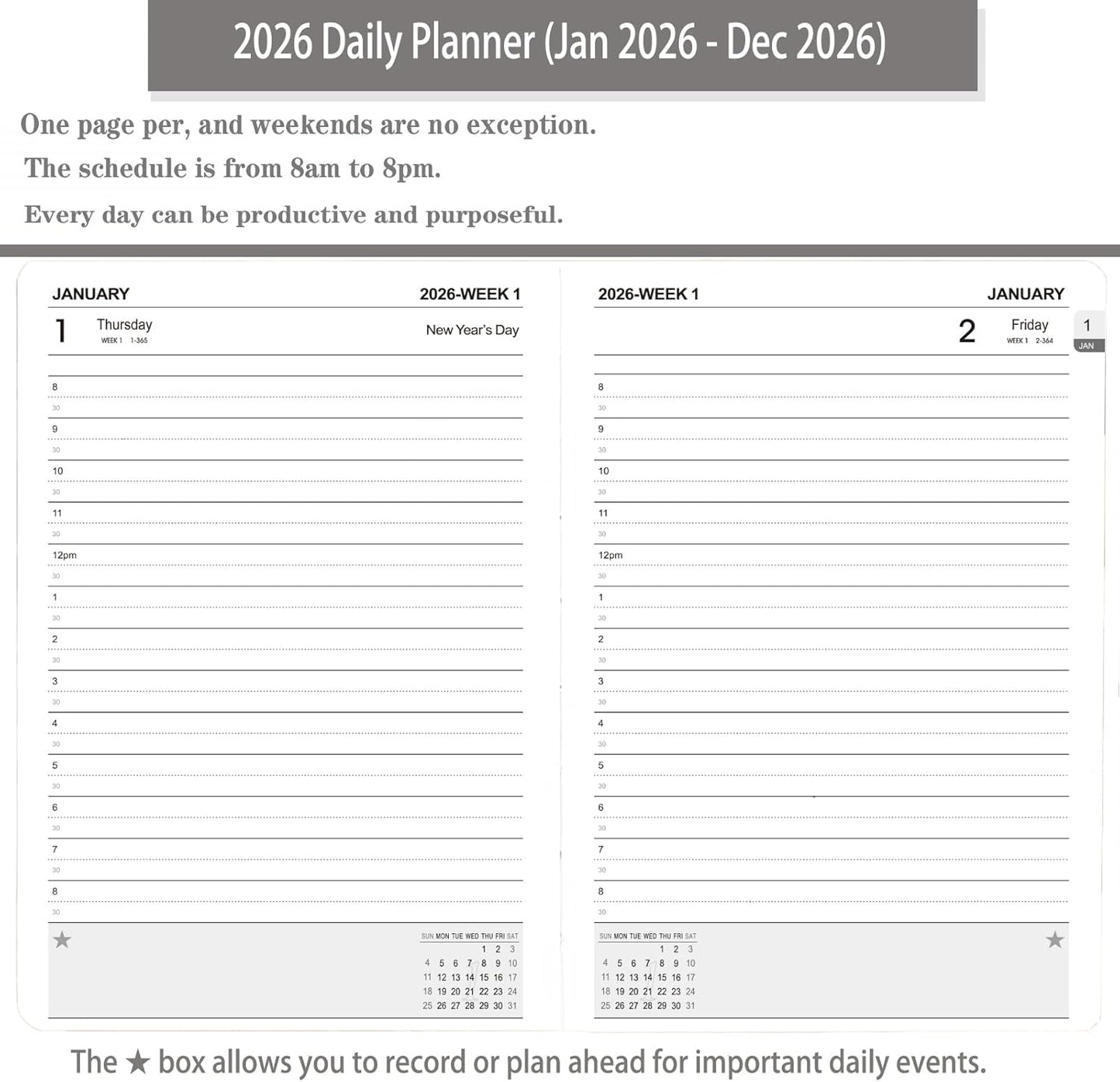 2026 Daily Planner/Calendar, One Page Per Day, Daily Monthly Agenda Planner with Time Slots and Monthly Tabs, Jan - Dec 2026, 5.7" x 8.25" Appointment Book, Pen Holder, Leather Cover (2026-Purple)