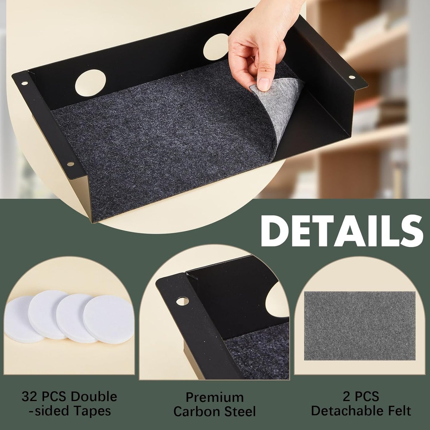 2 Pack Under Desk Storage Shelf, Carbon Steel Under Desk Tray with Mute Felt Sheets, Mount Shelf Organizer for Office Home Workstation Gaming Desk Stand up Desk, 13x8x2.8 in