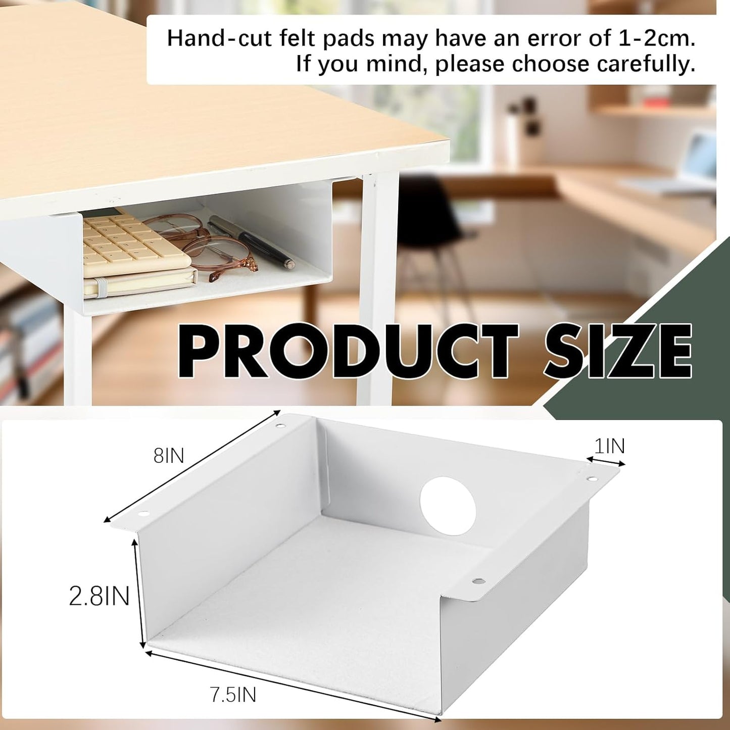 2 Pack Under Desk Storage Shelf, Carbon Steel Tray with Mute Felt Sheets, Mount Shelves Organizer for Office Home Workstation Gaming Desk Stand up (7.5x8x2.8 In/Storage Shelf,White)