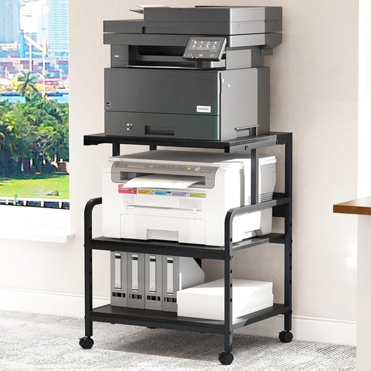 Large Printer Stand with Storage Shelf, 23.6" W x 18.9" D Printer Cart with Wheels, 3 Tier Mobile Printer Table for Home Office,Stands for Heat Press Scanner Fax (Black)