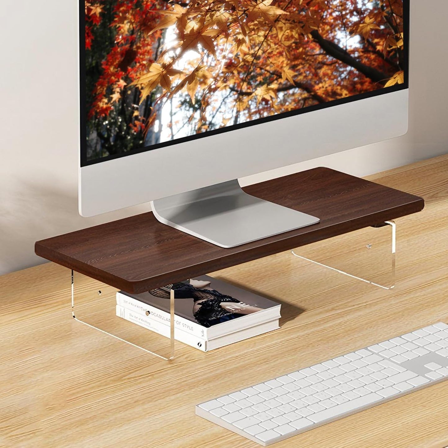 Monitor Stand Riser 2.16/3.34 Inch 2 Height Adjustments Acrylic Stand with Installation Tool, Desk Organizer Accessories Office Desk Storage Rack Screen/PC/Printer/Laptop Riser 7.8 x 15.7 Inch (Brown)