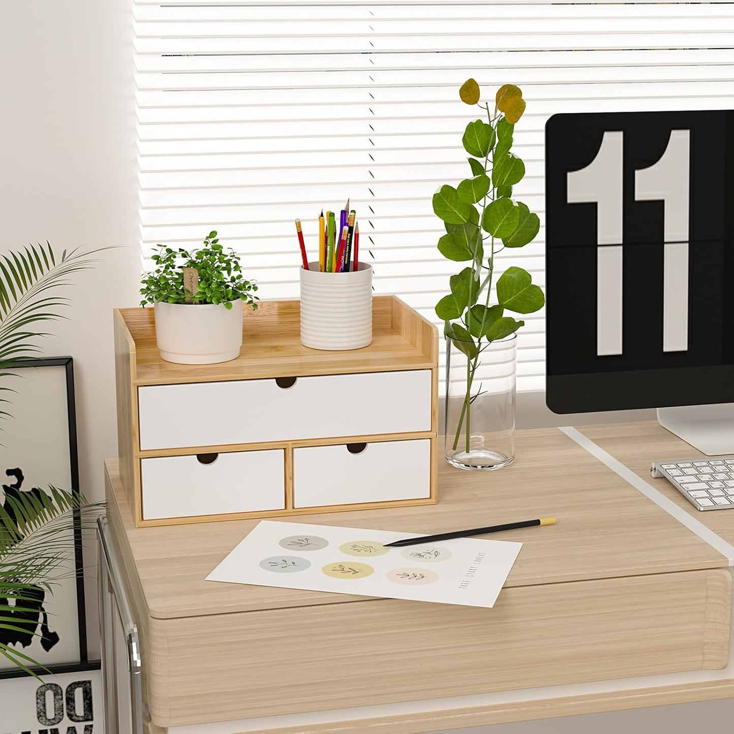 Wisuce Desk Organizer with Drawers - Bamboo Desktop Organizer Storage | Natural-White Wood Desk Drawers Organizer for Bills, Office Supplies, Cosmetics, Seals No Assembly Required