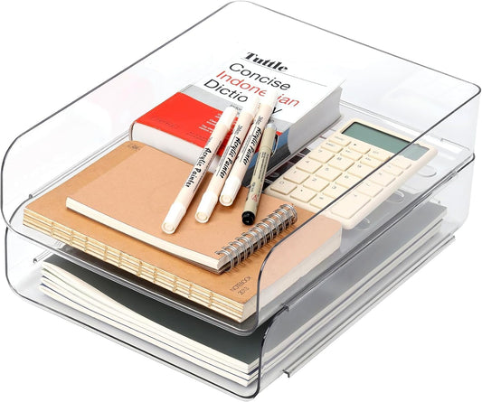 Set of 2 Desk Letter Tray, Office Organization and Storage, Clear PET Letter Tray Desk Organizer, Stackable Document Organizer for Notes, Pens, File Paper