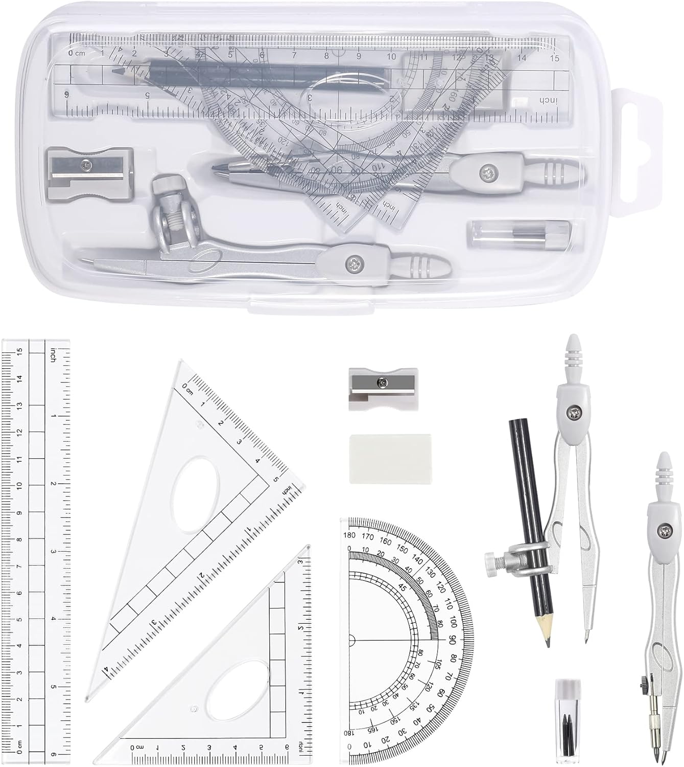 Math Geometry Kit Sets 10 Piece Student Supplies with Shatterproof Storage Box,Includes Rulers,Protractor,Compass,Eraser,Pencil Sharpener,Lead Refills,Pencil,for Drafting and Drawings（Grey）