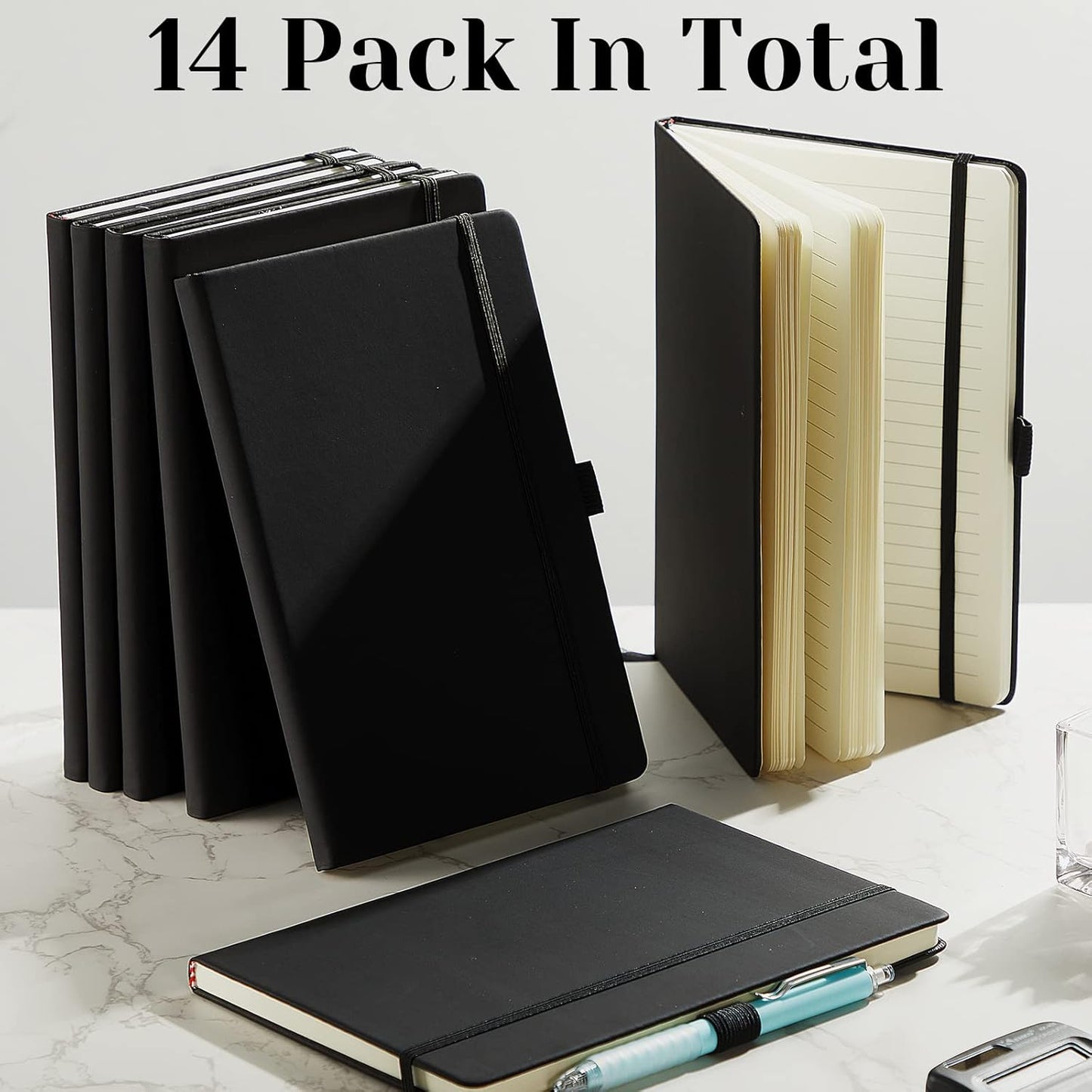 Laumoi 14 Pack Lined Journal Notebooks 5.5 x 8.2 Inch A5 Hardcover Notebook College Ruled Notepad with Pen Holder PU Leather Ruled Lined Journals for School Business Work Writing(Black)