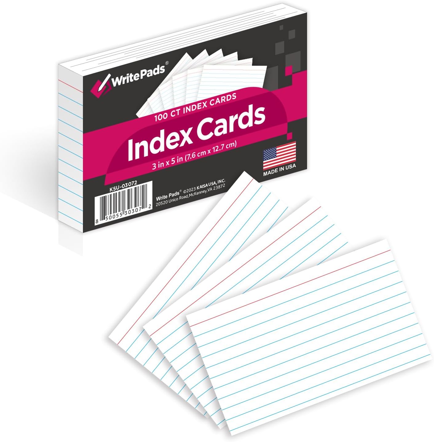 KAISA Lined Index Card 3"x5" Index Cards Flashcards, 2400 Count Ruled on Front, Blank on Back Index Cards, White 24 pack of 100 Shrink, Made in the USA