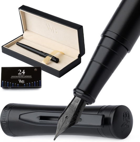 Wordsworth & Black Fountain Pen Set, Extra Fine Nib, Includes 24 Pack Ink Cartridges, Ink Refill Converter & Gift Box, Calligraphy, [All Black], Perfect for Men & Women