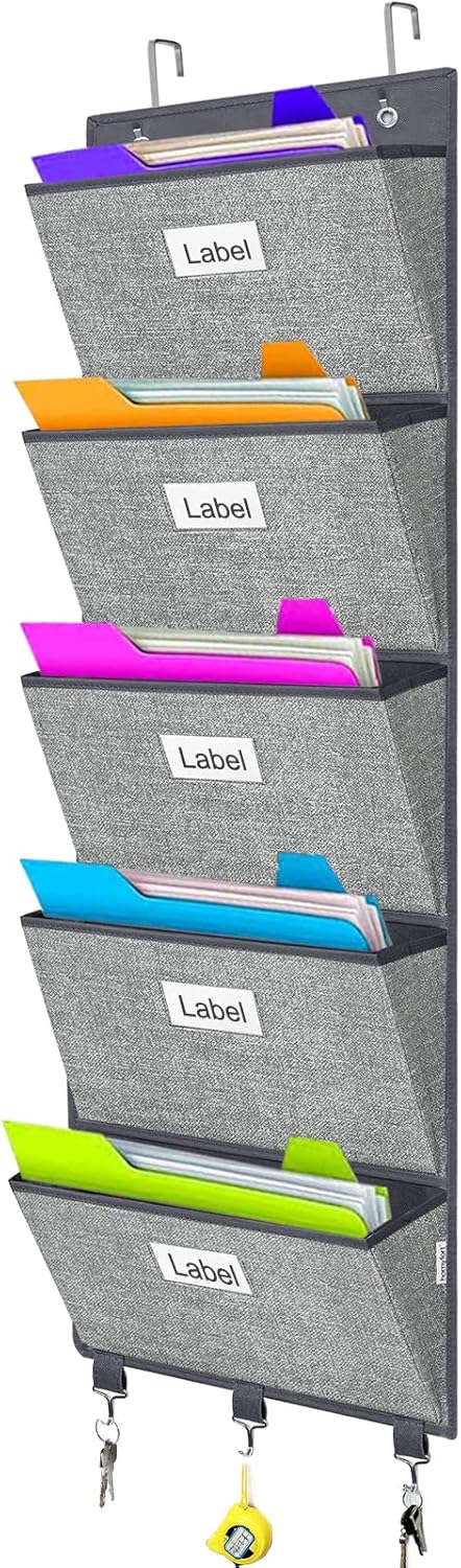 homyfort Over the Door Wall File Organizer, Hanging File Folders Organizer with 5 Large Pockets for Office and Back to School Supplies, Papers, Charts, Mails, Magazine Storage and Organization