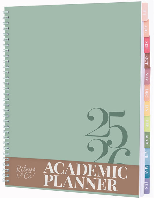Rileys Academic Planner 2025-2026, Daily, Weekly & Monthly Planner, July 2025 - June 2026, Student Notes Pages, Twin-Wire Binding, Weekly Agenda for School & Work (8.5 x 11-Inches, Green, Classic)