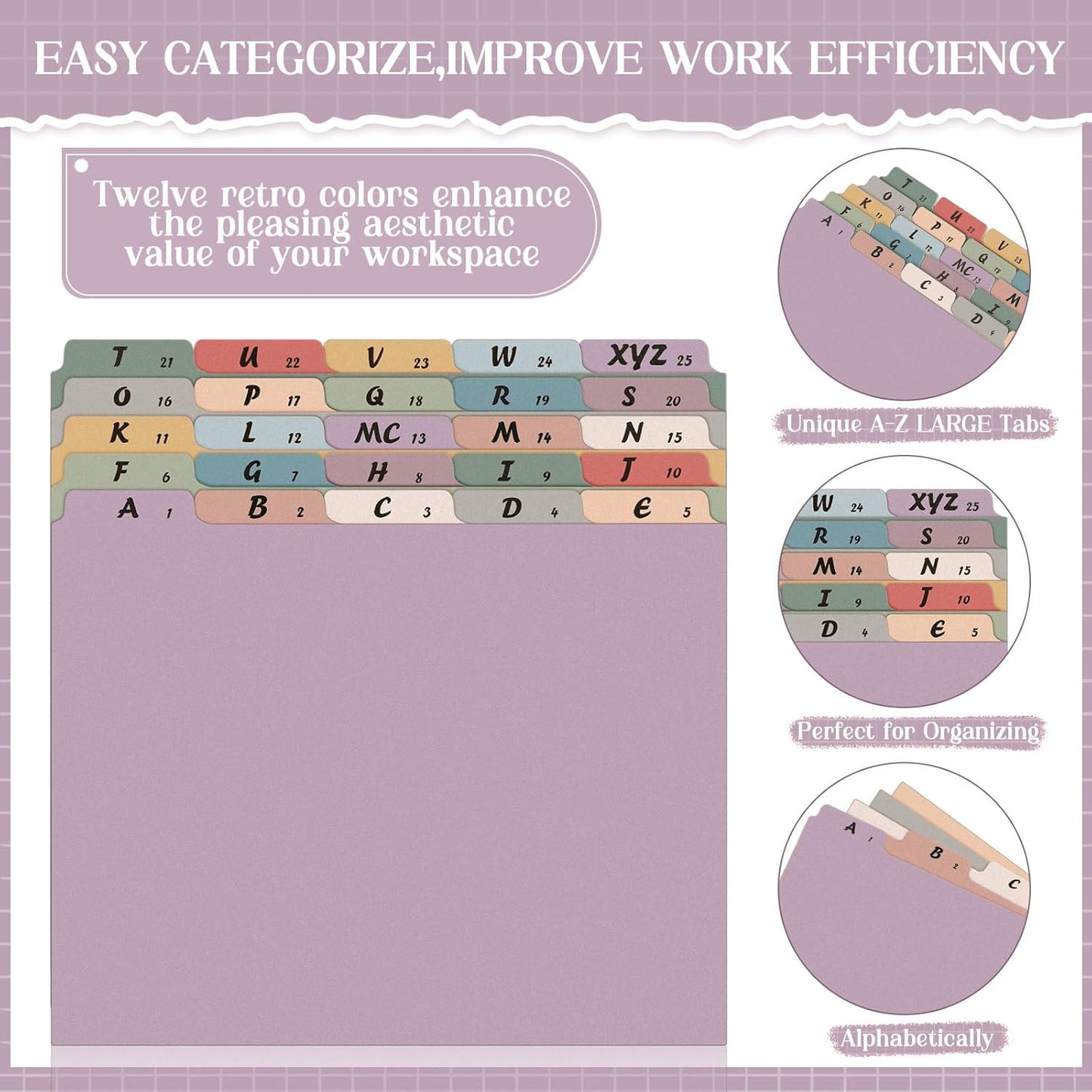 2 Set 50 Pcs Alphabet File Dividers Top Tab File Guides Set, Heavyweight A-z Letter Size Filing Cabinet Dividers 1/5 Cut Tab Desk Organizer for Work School Office(Vintage Colors)
