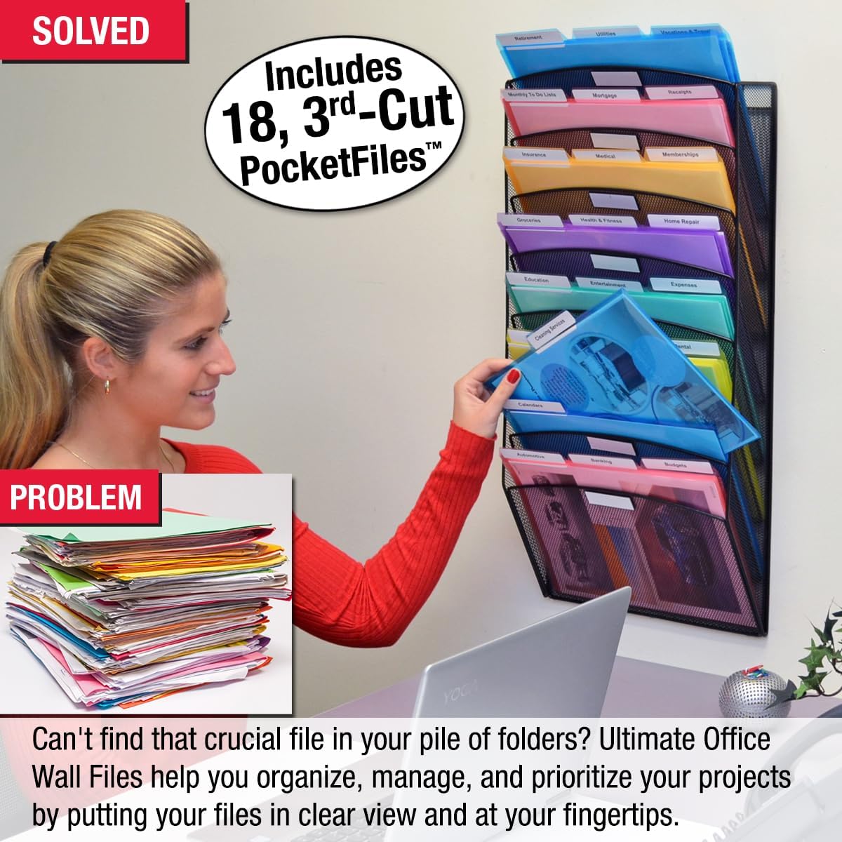 Ultimate Office Mesh Wall File Organizer, 8 Tier Vertical Mount Hanging File Sorter. Multipurpose Display Rack Includes 18, 3rd Cut PocketFile Clear Document Folder Project Pockets (Black)