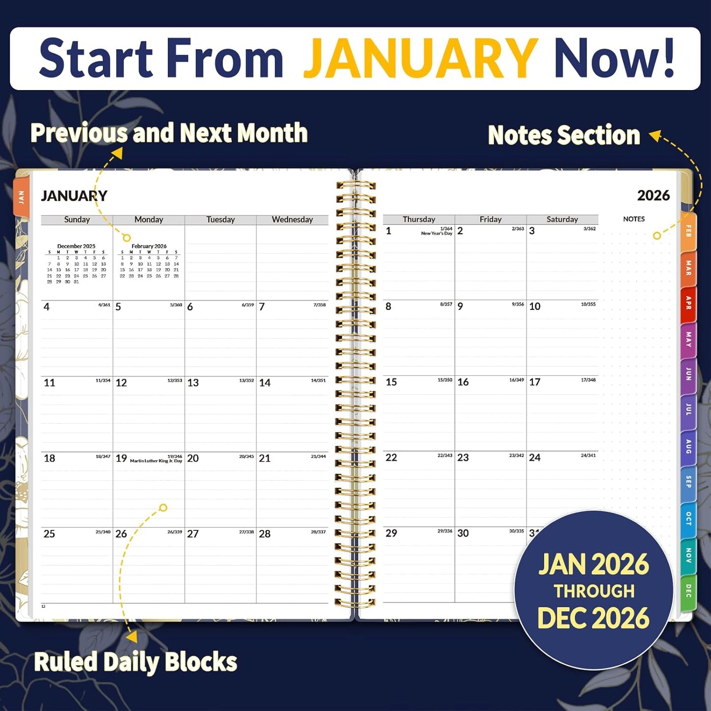 SUNEE 2026 Appointment Book, Quarter-Hourly, Weekly & Monthly - from January 2026 - December 2026, 8.5"x11" Weekly Planner, Flexible Cover, Note Pages, Pockets, Bookmark, Spiral Binding, Dark Blue