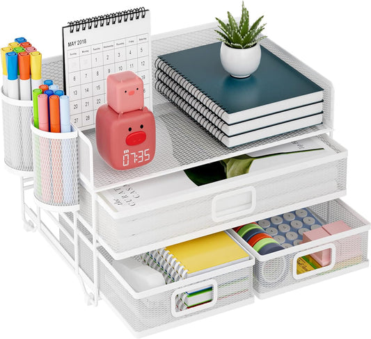 Marbrasse 3 Tier Mesh Desk Organizer with Drawer, Multi-Functional Desk Organizers and Accessories, Paper Letter Organizer with 2 Pen Holder for Home Office Supplies - White