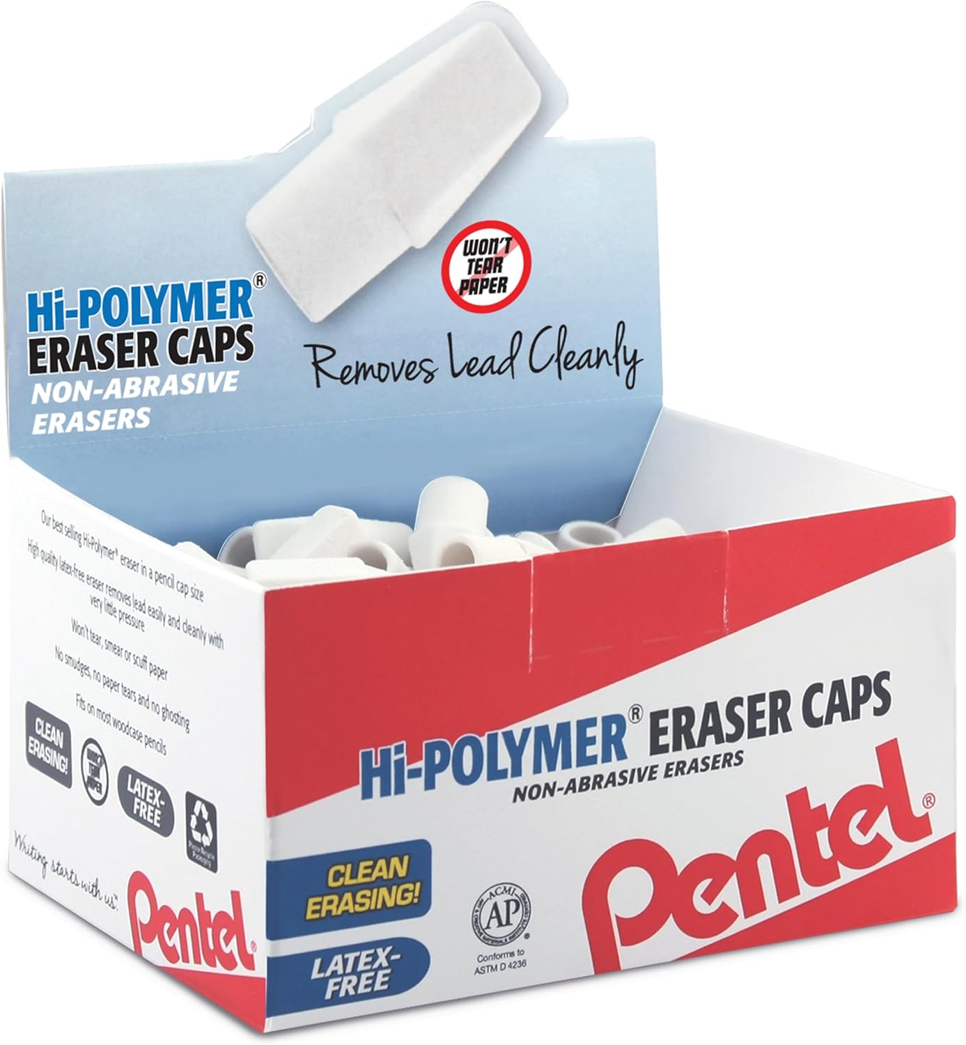 Pentel Hi-Polymer Eraser Caps, White, Box of 144 Caps (ZEH-02)
