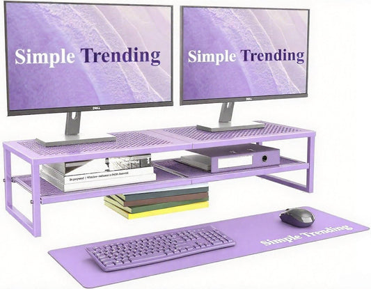 Simple Trending 2 Tier Metal Dual Monitor Stand Riser, Computer Office Desktop Organizer for 2 Monitors with 32"x10" Mouse Pad for Laptop, Printer, TV, Purple