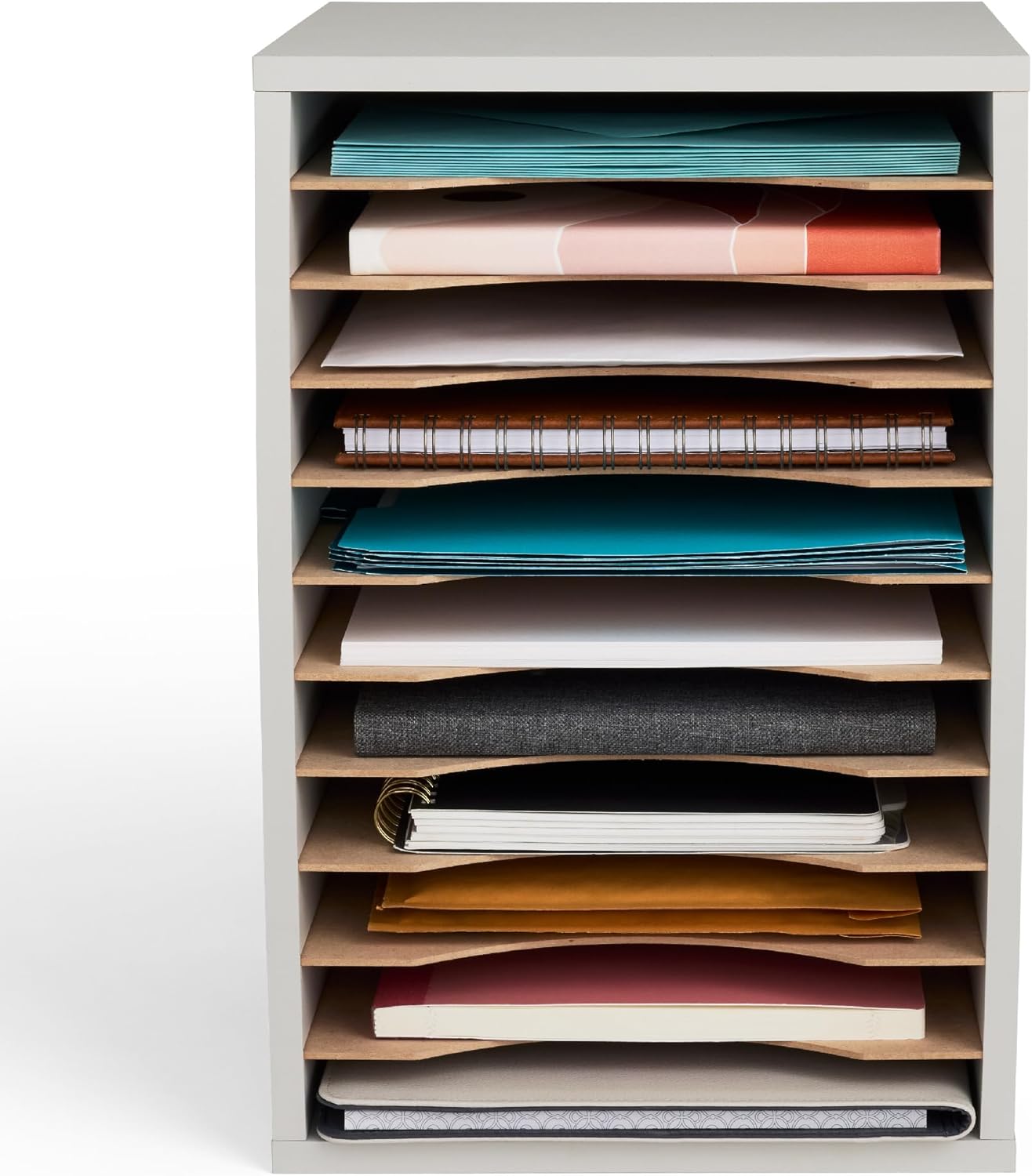 Safco Vertical Literature Organizer, 11 Compartments, Office and Classroom Mailbox with Adjustable Shelves, Wood Paper and Mail Sorter, Modern Gray