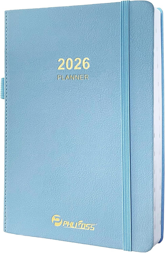2026 Daily Planner/Calendar, One Page Per Day, Daily Monthly Agenda Planner with Time Slots and Monthly Tabs, Jan - Dec 2026, 5.7" x 8.25" Appointment Book, Pen Holder, Leather Cover (2026-Sky blue)
