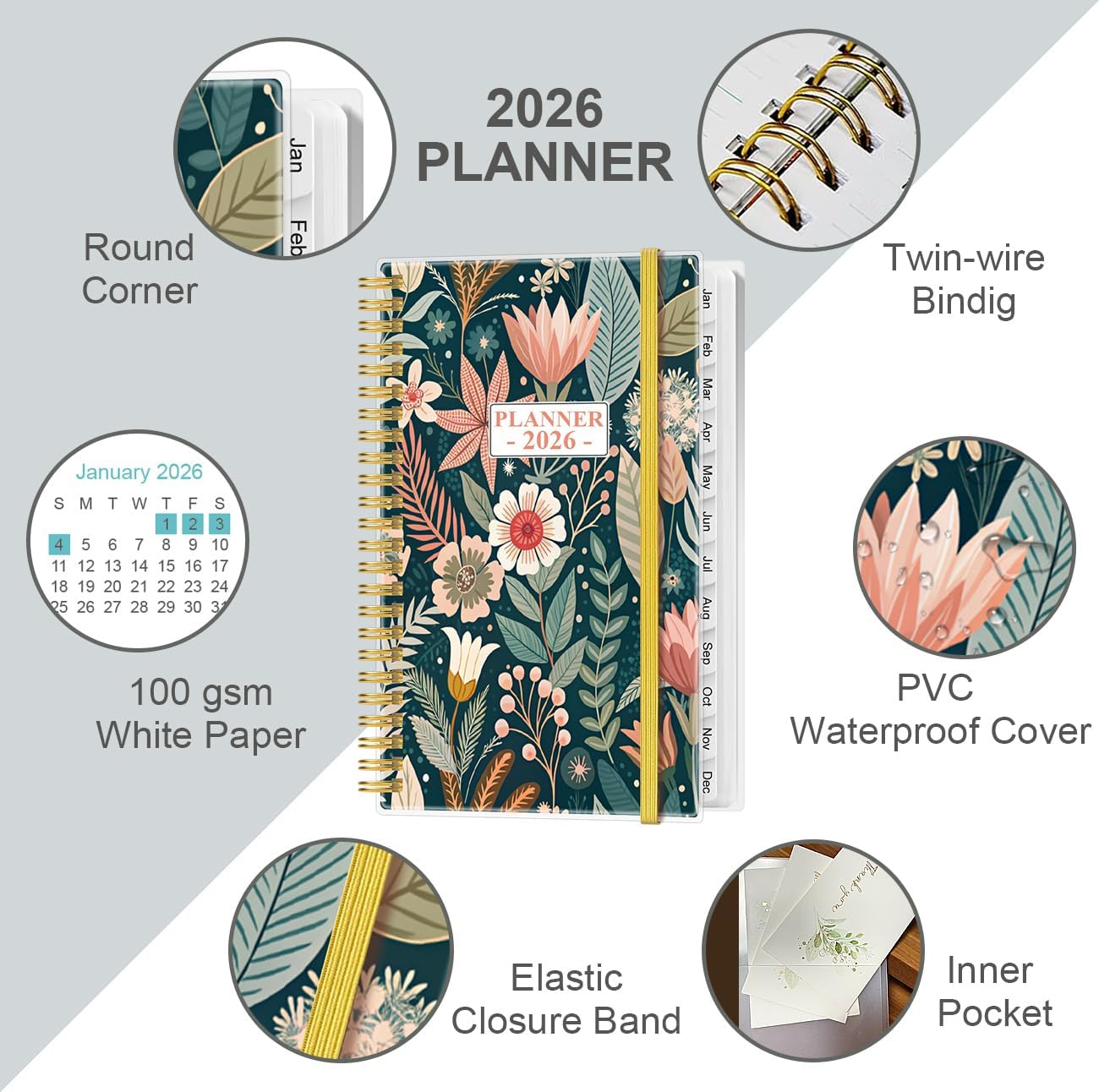 2026 Pocket Planner/Calendar - 2026 Planner from January 2026 - December 2026, Planner 2026 with 12 Tabs, Twin-Wire Binding, Inner Pocket, 3.75" x 6.75", Flower-B