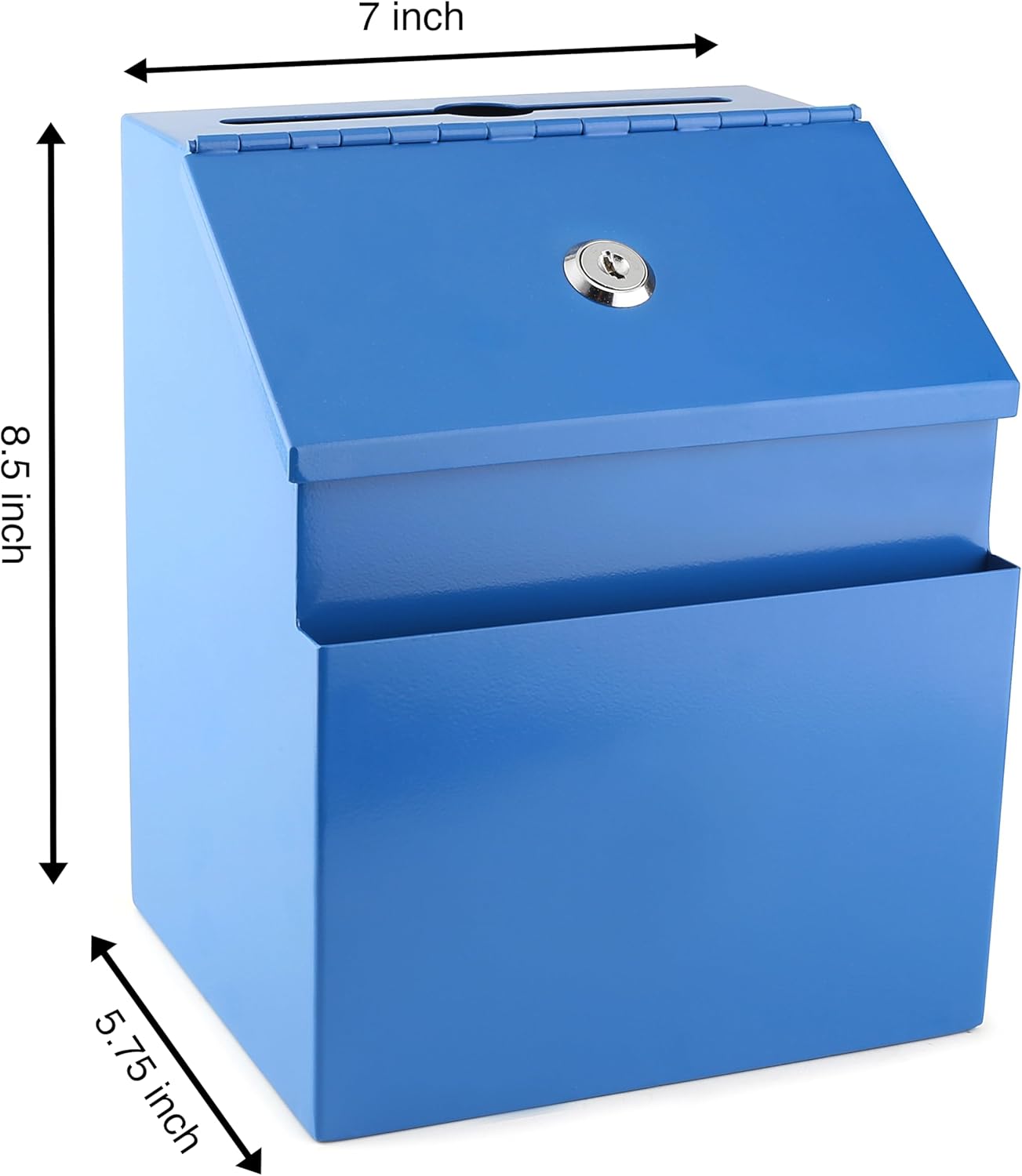 Suggestion Box with Lock and keys, Metal Wall Mounted Ballot Box, Iron steel Donation and Collection Drop Box 8.5" H x 6" W x 7" L with wide 5.5" Slot and front sheet holder (Blue)