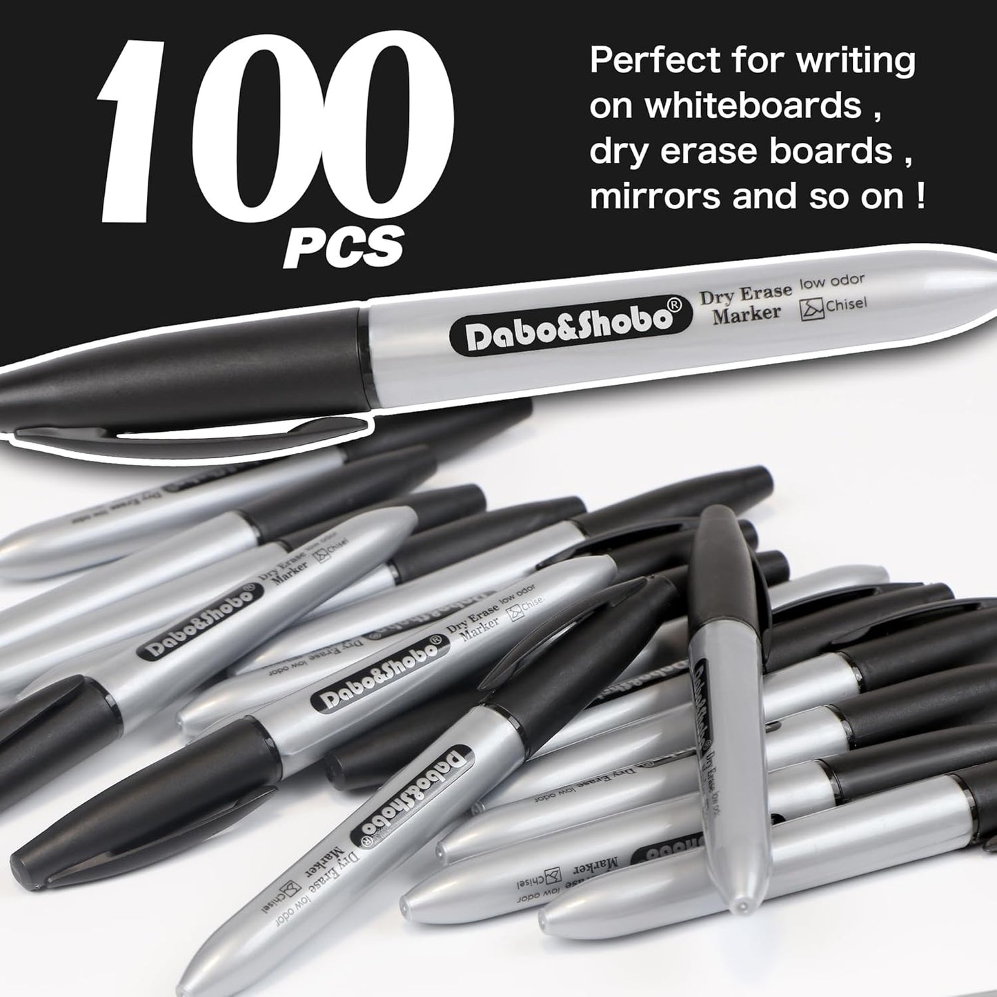 Dabo&Shobo Dry Erase Markers, 100 Count Black Whiteboard Markers, New Barrel Color, Low Odor, Chisel Tip, Suitable for School, Office, or Home