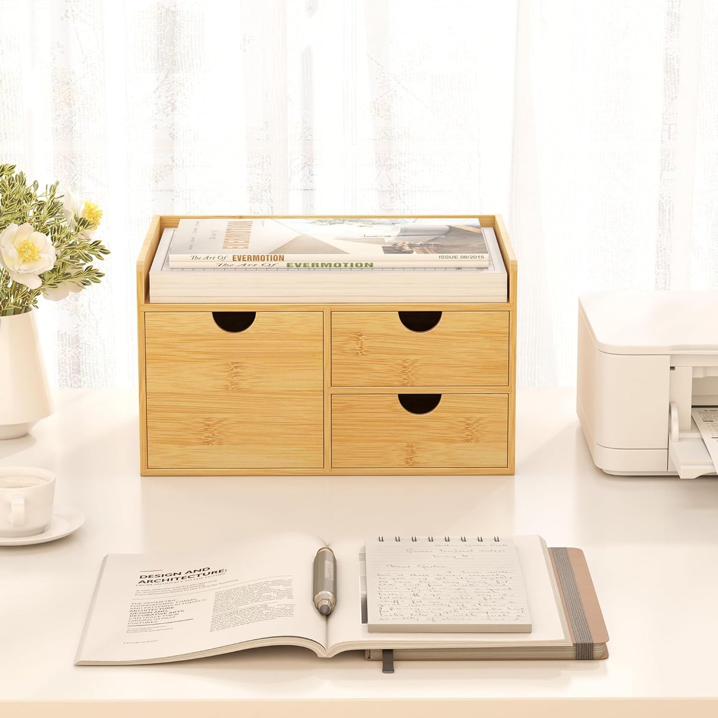 Wisuce Bamboo Desk Drawer Organizer, 3 Drawer Desktop Organizer with Drawers Tabletop Storage Organization Box for Office Home Toiletries Supplies Vanity, No Assembly Required