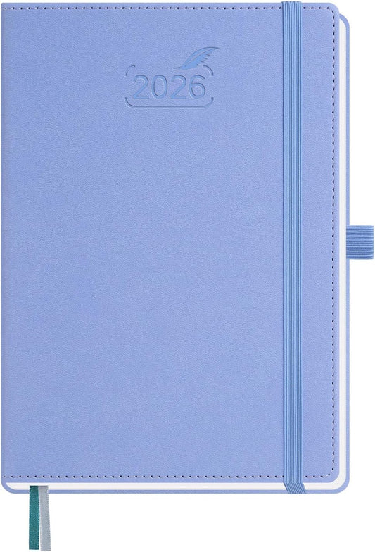 BEZEND 2026 Planner Weekly and Monthly (6" x 8.5") Daily Calendar with Half-Hourly Timeslots & Tabs (Jan-Dec) Note & Expenses, Pen Holder, Inner Pocket, Vegan Leather Hardcover - Cornflower