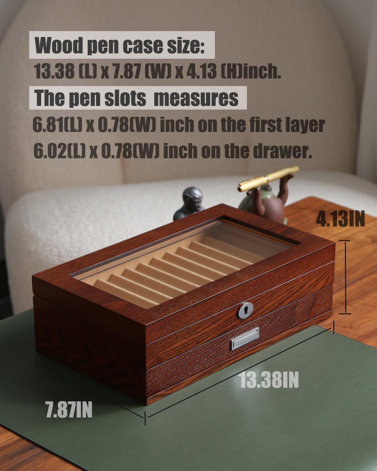 Pen Display With 24 Slots, Wood Storage Organizer, Glass Window Box for Men Gift (Brown Ash Veneer Finish, Camel Velvet)