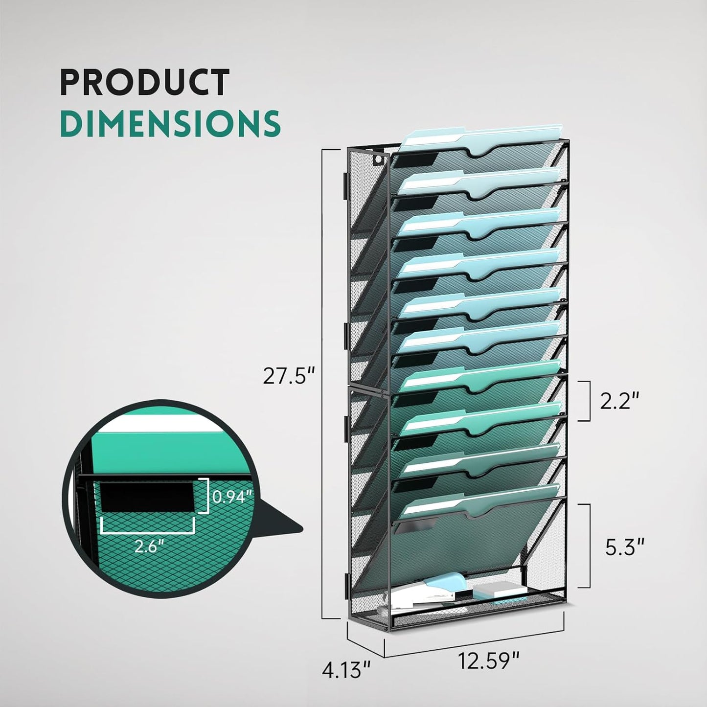 SUPEASY 11-Tier Wall File Organizer, Hanging Wall Files for Papers, Folders, Magazines, Wall Organizer for Clipboard, Assembly Needed, Black