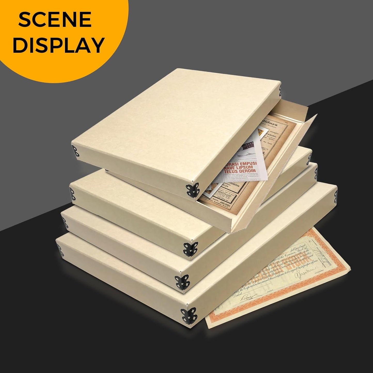 Golden State Art, Archival Storage Box, Acid-Free Drop Front Museum Box with Metal Edge for Storing Artwork Photos Documents Prints Arts and Crafts (Tan-11.75x14.75x1.5 Inches) Pack of 2