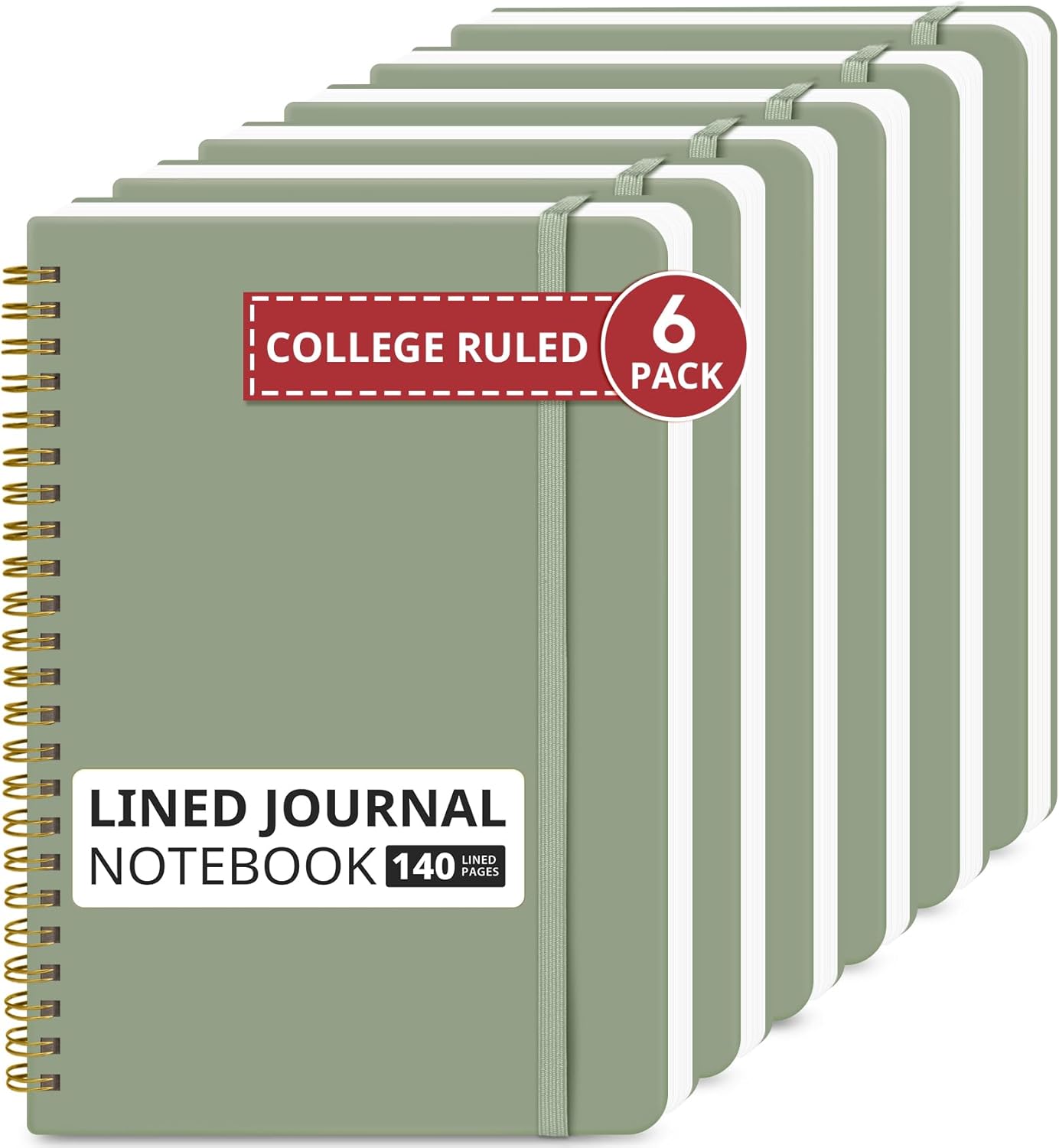 Taja Lined Spiral Journal Notebook for Work, 6 Pack, 140 Pages, College Ruled Hardcover Notebook Journal for Women, 6 Pcs, Journals for Writing, A5(6"x8") - Green
