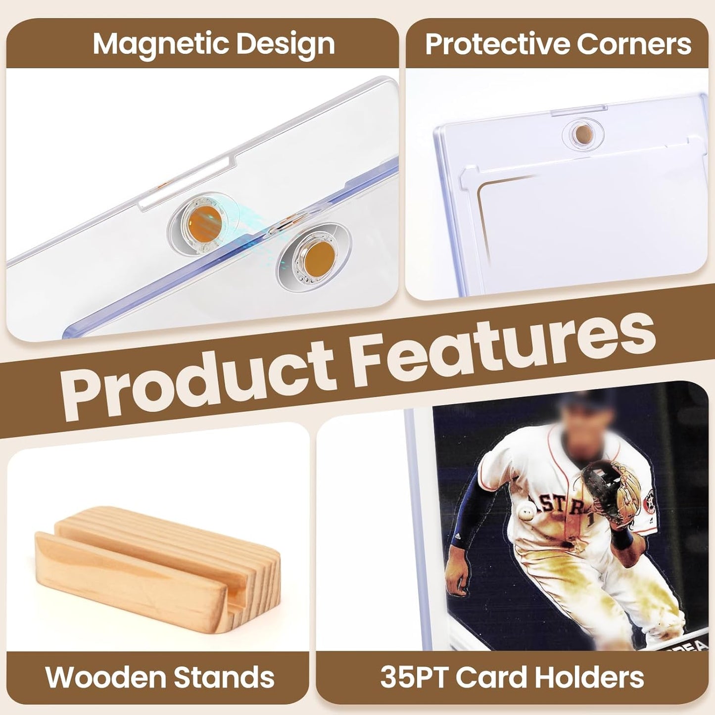 2 Pack Magnetic Card Holders for Trading Cards - 35pt Hard Plastic Card Protectors with 2 Wooden Stands, Baseball Trading Card Stands for Storage and Display, Card Case for MTG, Sports and Game Cards