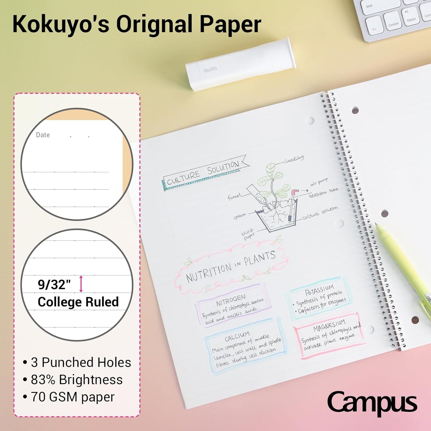 KOKUYO Spiral Notebook, 3 Pack Campus 10-1/2" x 8" Subject Notebooks with College Ruled, 80 Sheets, 3 Holes School Spiral Journal for Work Study Note Taking (Yellow, Orange, Purple)