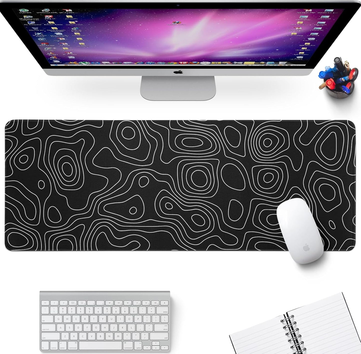 Black Topography Contour Gaming Mouse Pad Large Anime Topographic Map Mousepad Extended Mouse Pad Gaming Big Desk Pad Keyboard Pad with Stitched Edge Non-Slip Rubber Base