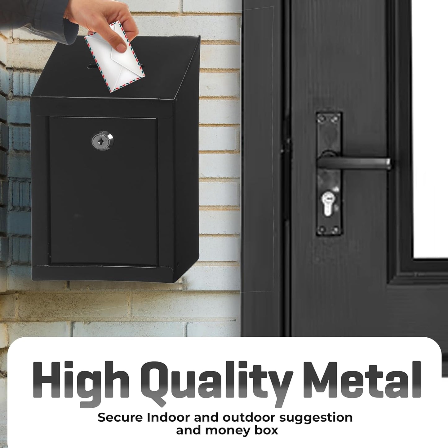 Metal Donation Box-Suggestion Box with Slot and lock-Cash Lock box for Money-Secure Drop Box-Comment and ballot voting box-comes with pre-drilled holes for easy wall mounting 10 X 6 X 2.5"(Black)