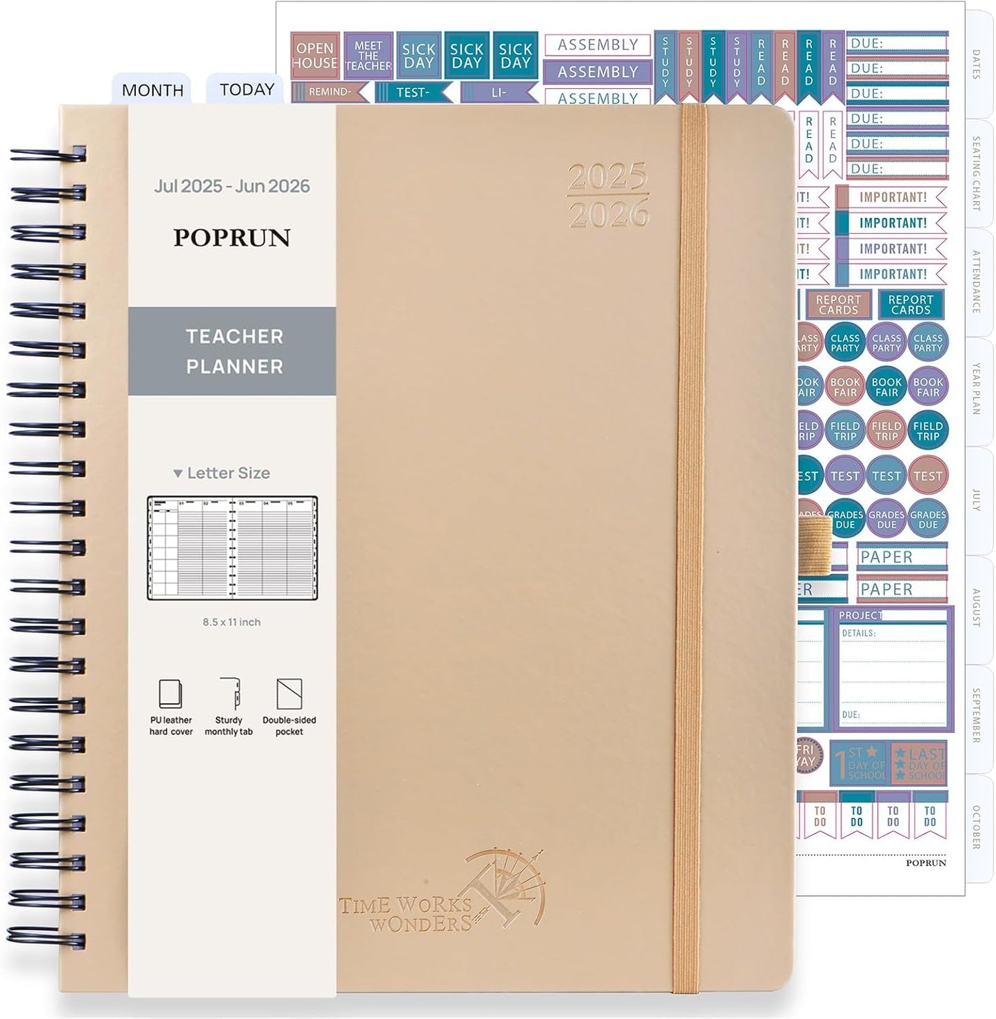 POPRUN Teacher Planner 2025-2026, (Letter Size - 8.5'' x 11'') Academic Lesson Planner (July 2025 - June 2026), with Monthly Tabs, Thick Papers, 2-Sided Pocket, Leather for Teachers, Champagne Gold