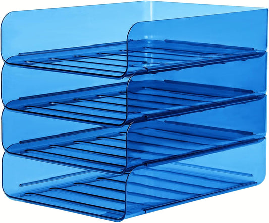 4 Pack Stackable Paper Tray Organizer File Organizer for Desk, Office Organizer and Storage for Desk Accessories, Notes, Books, File Paper, Document, Blue