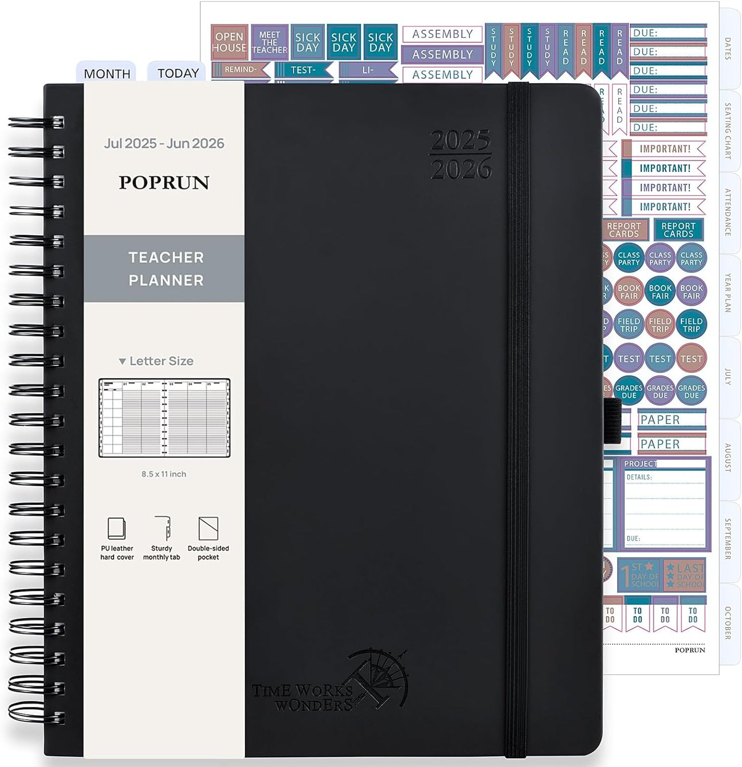 POPRUN Teacher Planner 2025-2026, (Letter Size - 8.5'' x 11'') Academic Lesson Planner (July 2025 - June 2026), with Monthly Tabs, Thick Papers, 2-Sided Pocket, Leather for Teachers, Black