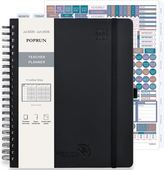POPRUN Teacher Planner 2025-2026, (Letter Size - 8.5'' x 11'') Academic Lesson Planner (July 2025 - June 2026), with Monthly Tabs, Thick Papers, 2-Sided Pocket, Leather for Teachers, Black