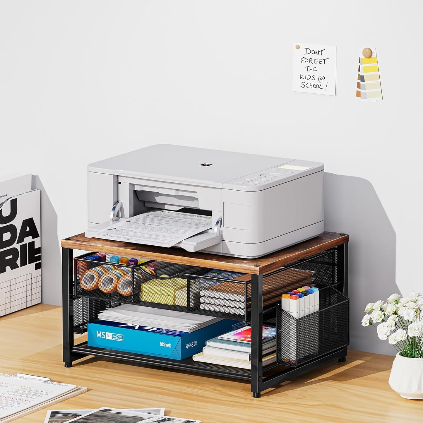 Marbrasse Wood Printer Stand for Desk, 2-Tier Desktop Printer Table for Home Office, Printer Stand with Storage Drawer 2 Pen Holders, Multi-Purpose Desk Organizer for Fax Machine Scanner(Wood Brown)