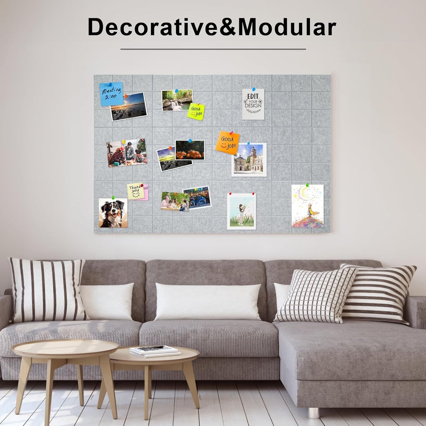 12 Pack Large Cork Board for Walls, 48" X 36" Felt Bulletin Board Tiles with 48 Safe Removable Adhesive Tabs & 60 Push Pin Board Decorative Cork Board Tack Board Wall Organizer for Office - Grey