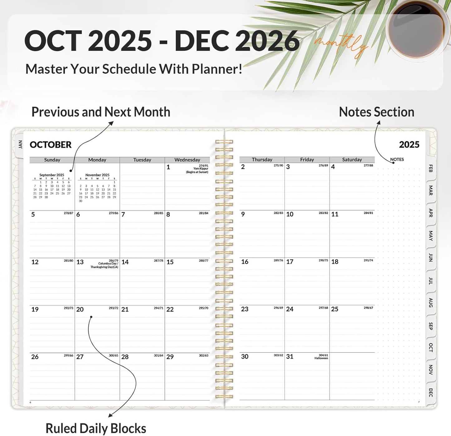 SUNEE Planner 2026 Weekly and Monthly, January 2026-December 2026, 8.5"x11", Tabs, Note Pages,Spiral Binding, Black